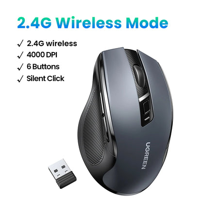 UGREEN Wireless Mouse Ergonomic Mouse 2.4GHz 4000 DPI Silent 6 Buttons For MacBook Tablet Laptop PC Mute Mice Quiet 2.4G Mouse