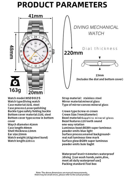 WSD9025 New Men's Automatic Watch Quartz Swiss Movement BGW9 Luminous Bezel 4-Pin GMT 150 Meters Waterproof Diving