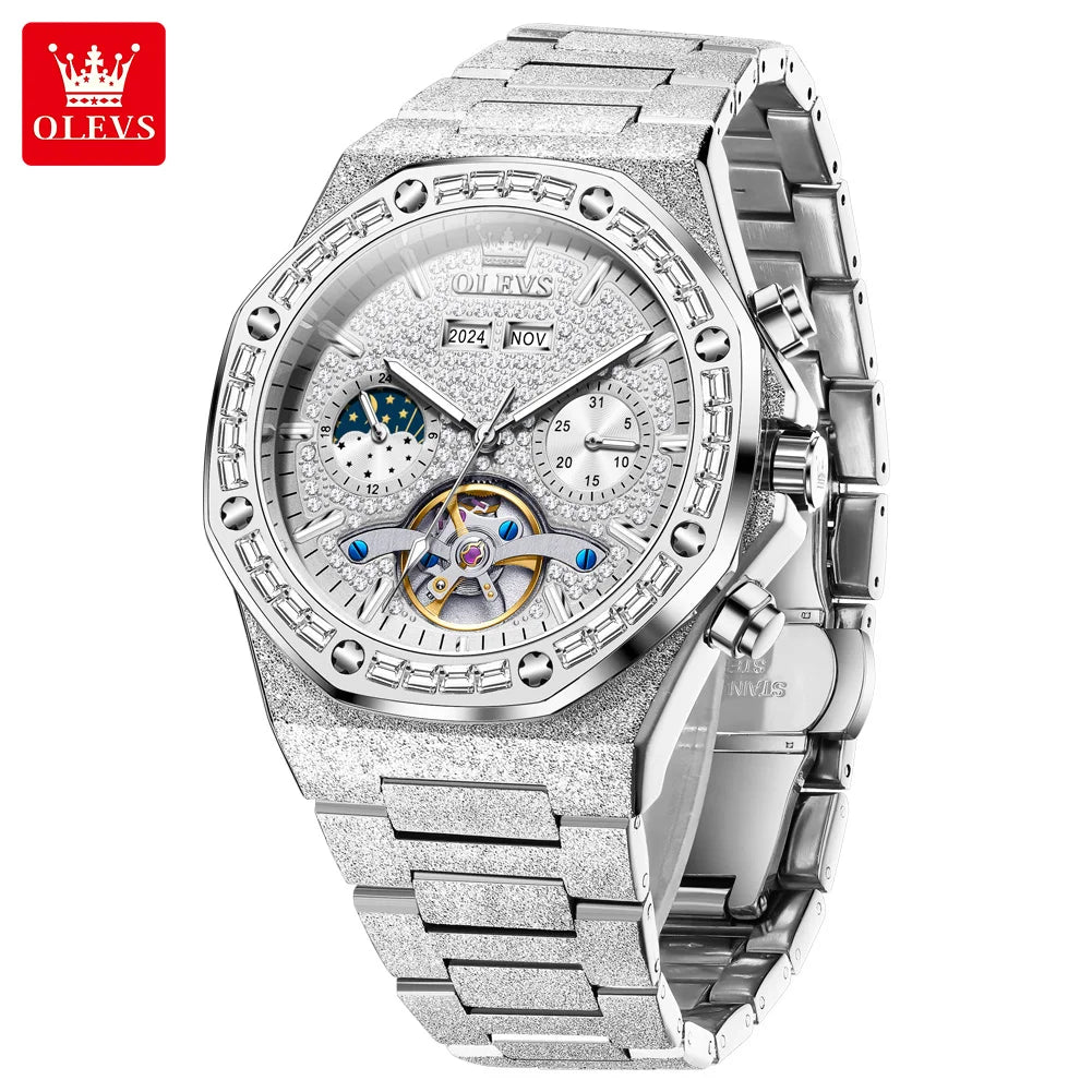 OLEVS 9805 Skeleton Automatic Man Watch Luxury Fashion Matte Texture Full Diamond Moon Phase Waterproof Mechanical Wristwatches