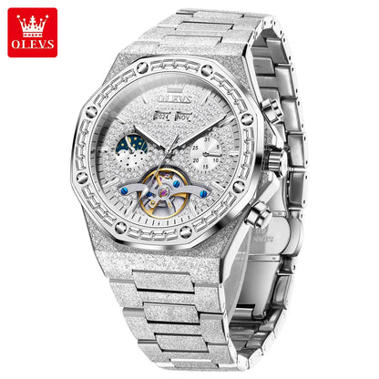 OLEVS 9805 Skeleton Automatic Man Watch Luxury Fashion Matte Texture Full Diamond Moon Phase Waterproof Mechanical Wristwatches