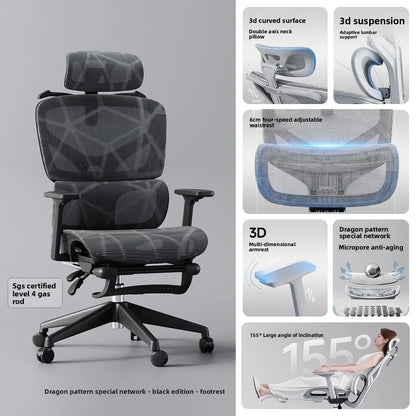 Regulowane ergonomiczne krzesło biurowe z siatki, oddychający fotel komputerowy z wysokim oparciem, podparciem lędźwiowym 6D i wysuwanym podnóżkiem