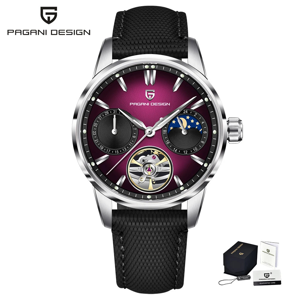 PAGANI DESIGN – Mekanisk luksusur til mænd, 41 mm, safirglas, læderrem, vandtæt, pilotstil, med tourbillon og månefase
