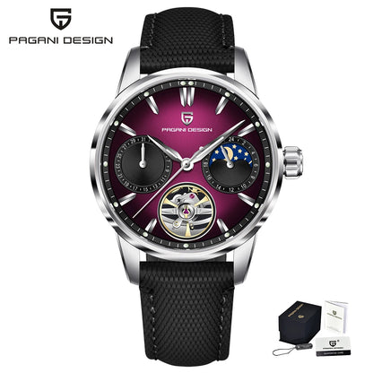 PAGANI DESIGN – Mekanisk luksusur til mænd, 41 mm, safirglas, læderrem, vandtæt, pilotstil, med tourbillon og månefase
