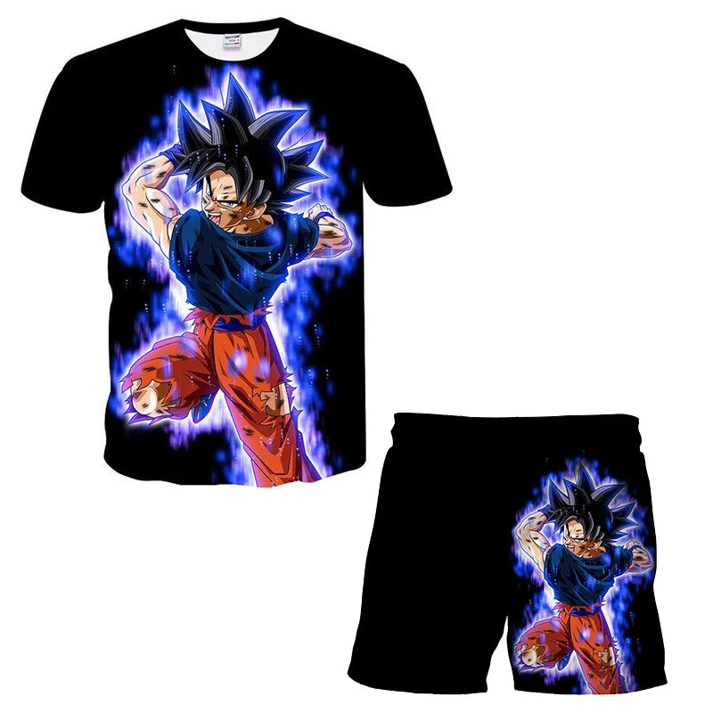 Japanisches Cartoon-Dragon-Ball-Z-T-Shirt, Kinder-Oberteil, T-Shirt- und Shorts-Zweiteiler für den Sommer, Jungen-T-Shirt + Shorts, Strandshorts