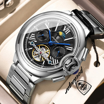 POEDAGAR luxus férfi karóra – Mechanikus automata modell dátum- és napkijelzéssel, bőr szíjjal, tourbillon-mechanizmussal, vízálló, elegáns és professzionális stílusú.