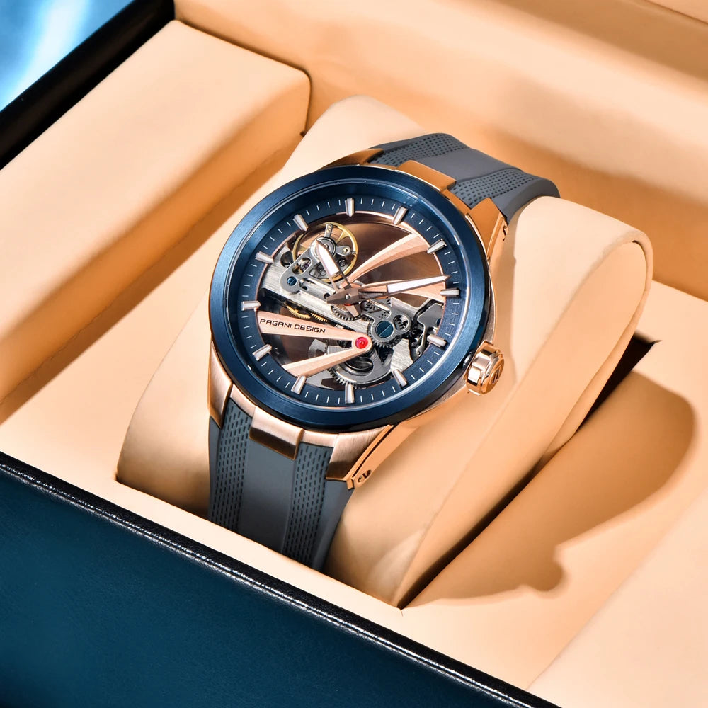 Herrenuhr von PAGANI DESIGN – Mechanisches Luxusuhrwerk mit Automatikaufzug, „Skelett“-Ausführung (mit offenem Herz), ausgestattet mit einem Tourbillon, Saphirglas mit Antireflexbeschichtung, wasserdicht und leuchtend.
