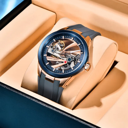 Herrenuhr von PAGANI DESIGN – Mechanisches Luxusuhrwerk mit Automatikaufzug, „Skelett“-Ausführung (mit offenem Herz), ausgestattet mit einem Tourbillon, Saphirglas mit Antireflexbeschichtung, wasserdicht und leuchtend.