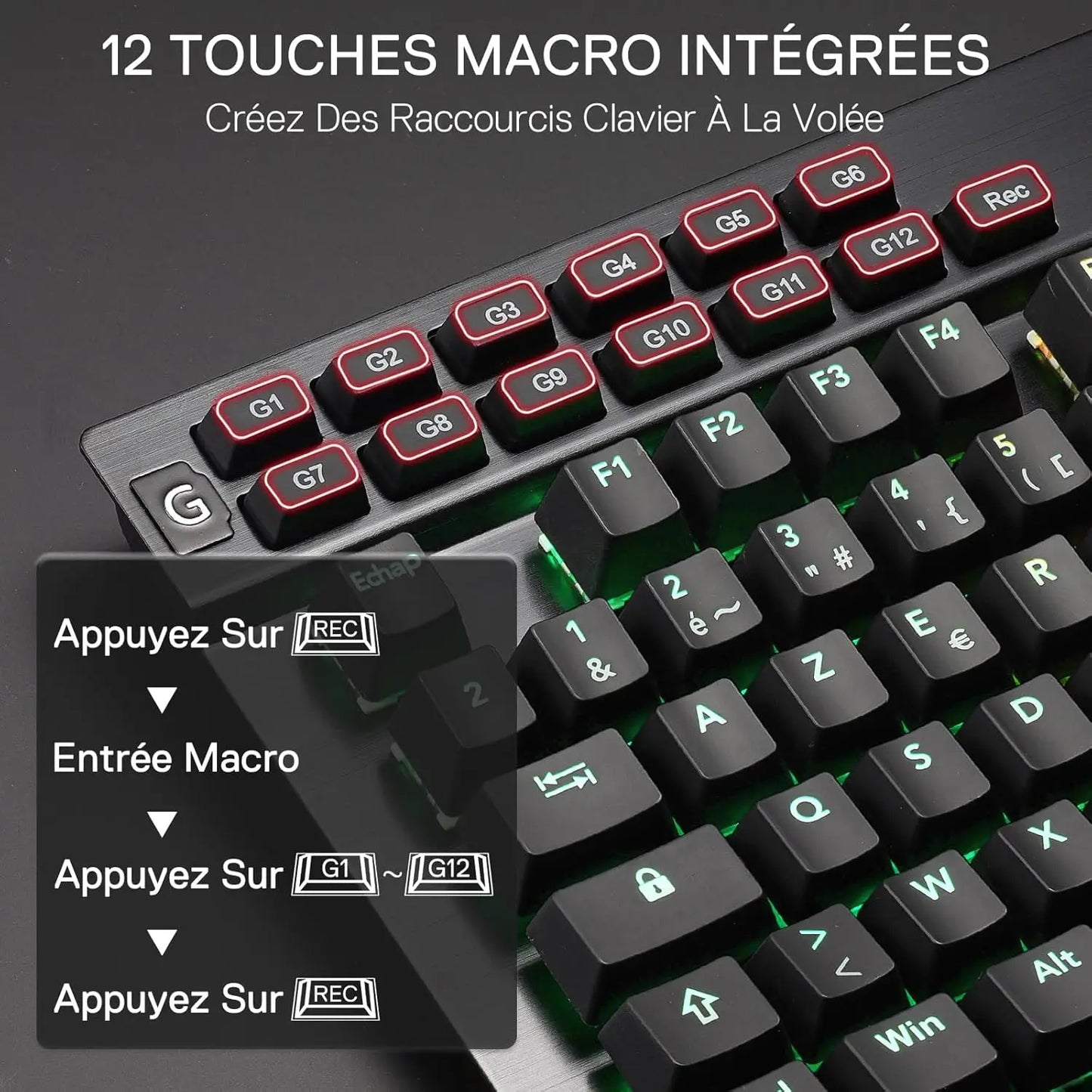 Redragon K550 RGB AZERTY Gaming Keyboard, 104 Keys + 12 Macro Keys, Wired Mechanical Keyboard, Aluminum Top Plate, Clicky Purple Switches, 2 USB Ports, Wrist Rest, Black