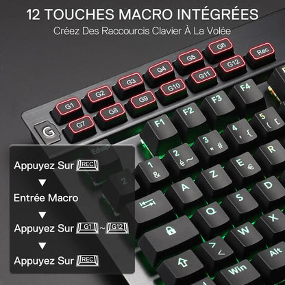 Redragon K550 RGB AZERTY Gaming Keyboard, 104 Keys + 12 Macro Keys, Wired Mechanical Keyboard, Aluminum Top Plate, Clicky Purple Switches, 2 USB Ports, Wrist Rest, Black