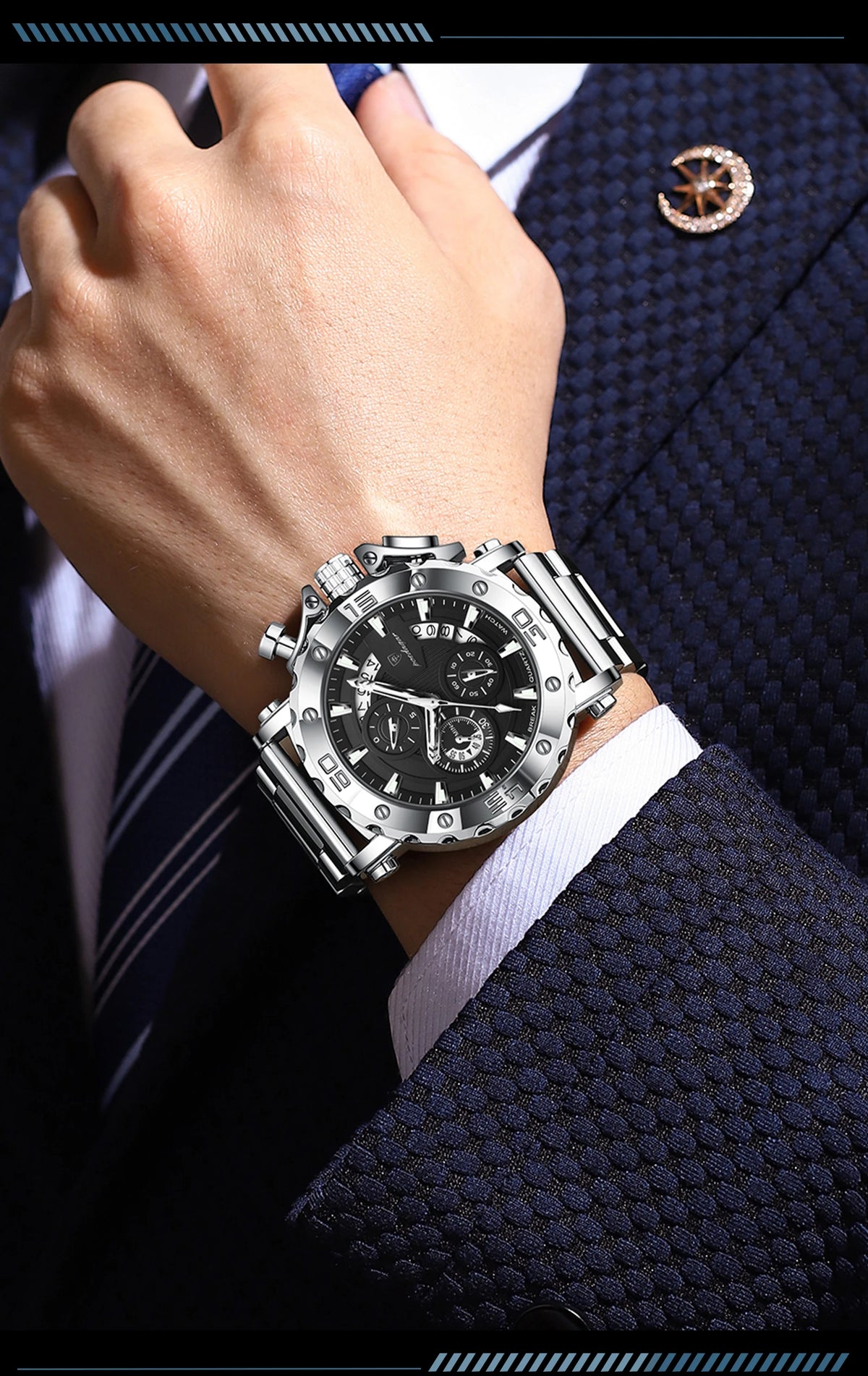 Luksusowy zegarek męski POEDAGAR, podświetlany, wodoodporny, z chronografem, datownikiem, ze stali nierdzewnej, z mechanizmem kwarcowym, Reloj