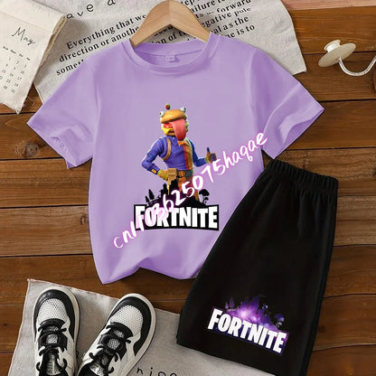 2026 New Fortnite Kids Pure Cotton Short-Sleeved Set with Cartoon Print Boys' Sport Shirt Casual Top Summer T-Shirt 2 Pieces