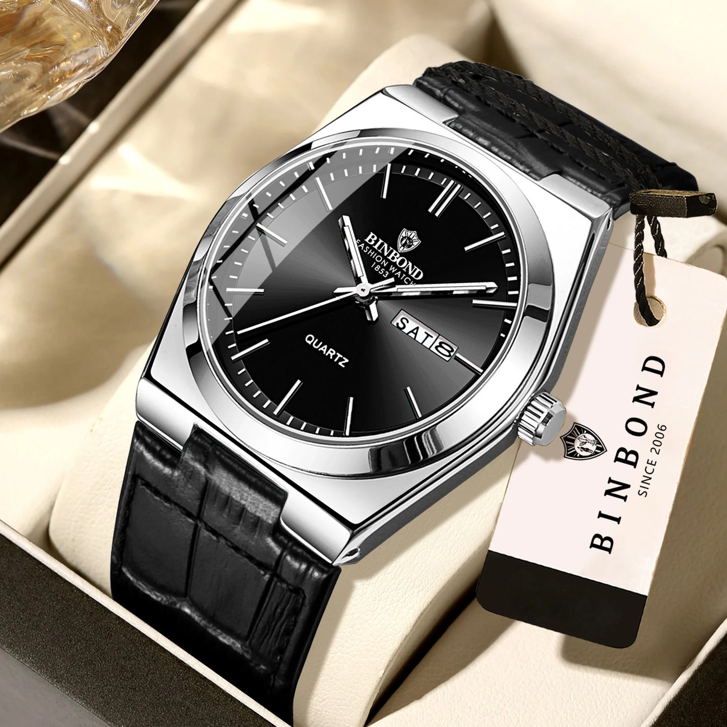 BINBOND Luxury leather strap quartz wristwatches precise luminous waterproof auto date week display durable men's watch reloj