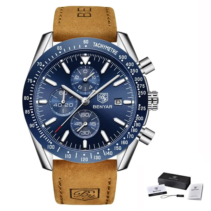 Montres de luxe pour hommes BENYAR – Montres-bracelets à quartz avec bracelet en cuir, étanches jusqu'à 30 m, style sportif.