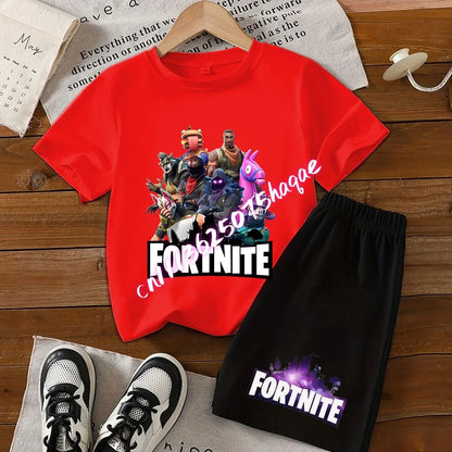 Summer T-shirts 2 pieces Fortnite children's cotton short-sleeved set with cartoon prints, boys' sports shirt, casual top, gift