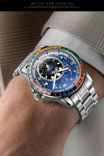 GLENAW Watches Original Design Diamond Constellation Rotating Dial Stainless Steel Luxury Men's Automatic Mechanical Watch P8719