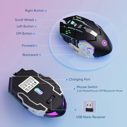 EMTRA Bluetooth Wireless Mouse 2.4G USB Mechanische Maus mit Hintergrundbeleuchtung, leise, wiederaufladbare Gaming-Maus, Laptop- und Computerzubehör