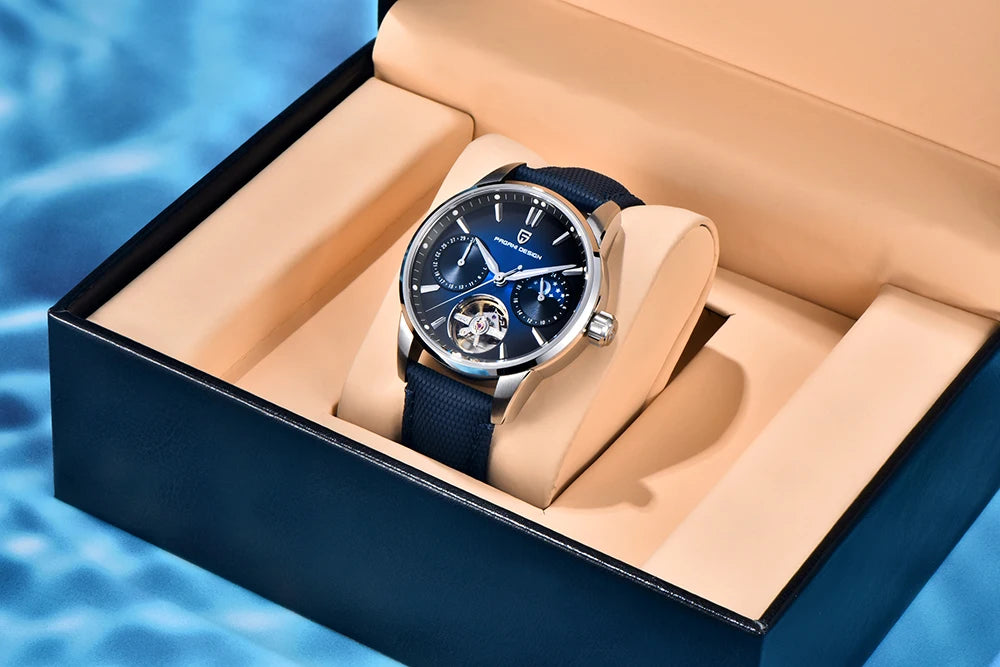 PAGANI DESIGN – Mekanisk luksusur til mænd, 41 mm, safirglas, læderrem, vandtæt, pilotstil, med tourbillon og månefase
