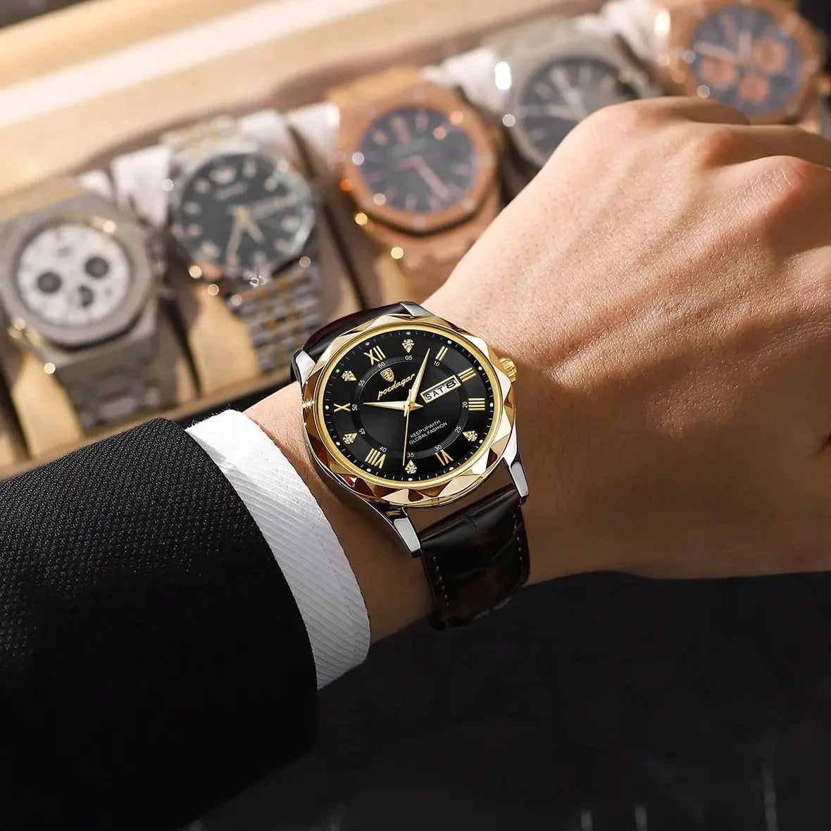 Montre pour homme POEDAGAR, modèle original de luxe : étanche, luminescente, avec affichage de la date et du jour. Montre à quartz au style classique et professionnel, dotée d'un bracelet en cuir.