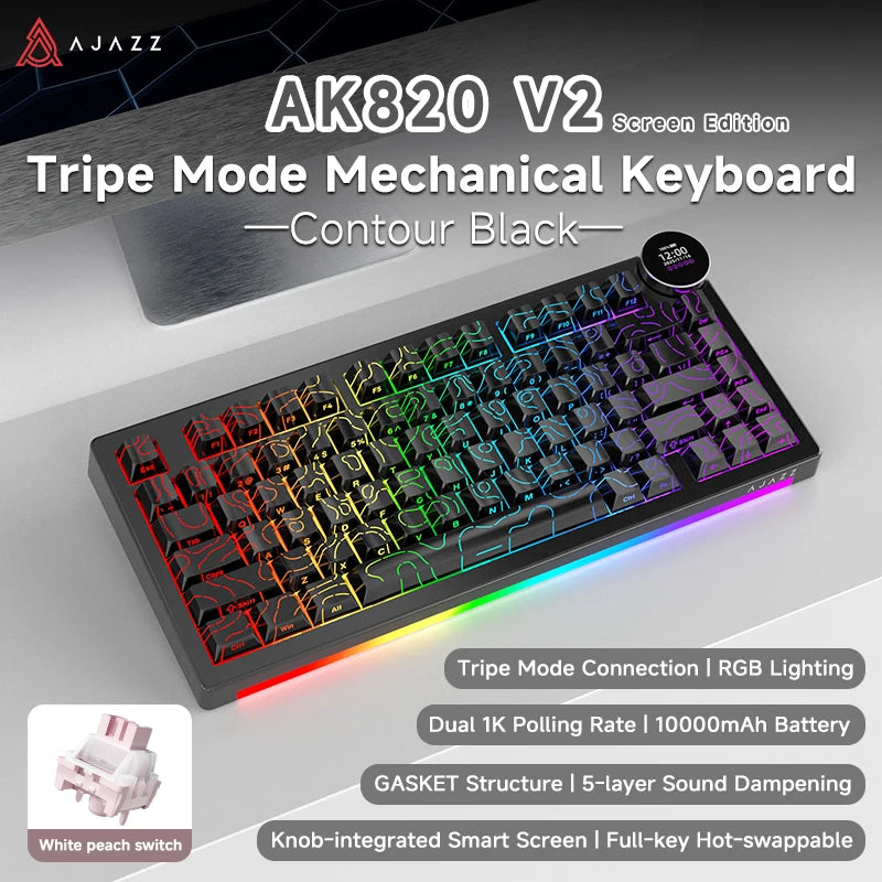 AJAZZ AK820 V2 / AK820 V2 Pro Gaming Mechanical Keyboard 75% ABS 82 Keys 10000mAh Wireless Tri-mode Gamer Keyboard for Laptop PC