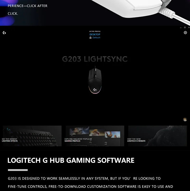 Logitech G203 жична геймърска мишка, Esports-клас, 6 програмируеми бутона и многоцветно осветление за състезателни игри