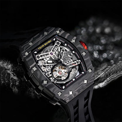 TSAR BOMBA Carbon Fiber Automatic Mechanical Watch for Men Waterproof Skeleton Mens Watches Top Brand Luxury Wristwatches