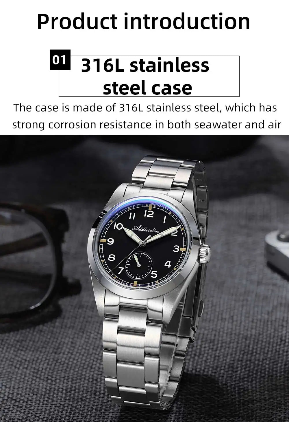 Relógio de quartzo ADDIESDIVE 36mm para homem VH60, luminoso BGW9, vidro em cúpula tipo bolha, resistente à água 10Bar, em aço inoxidável