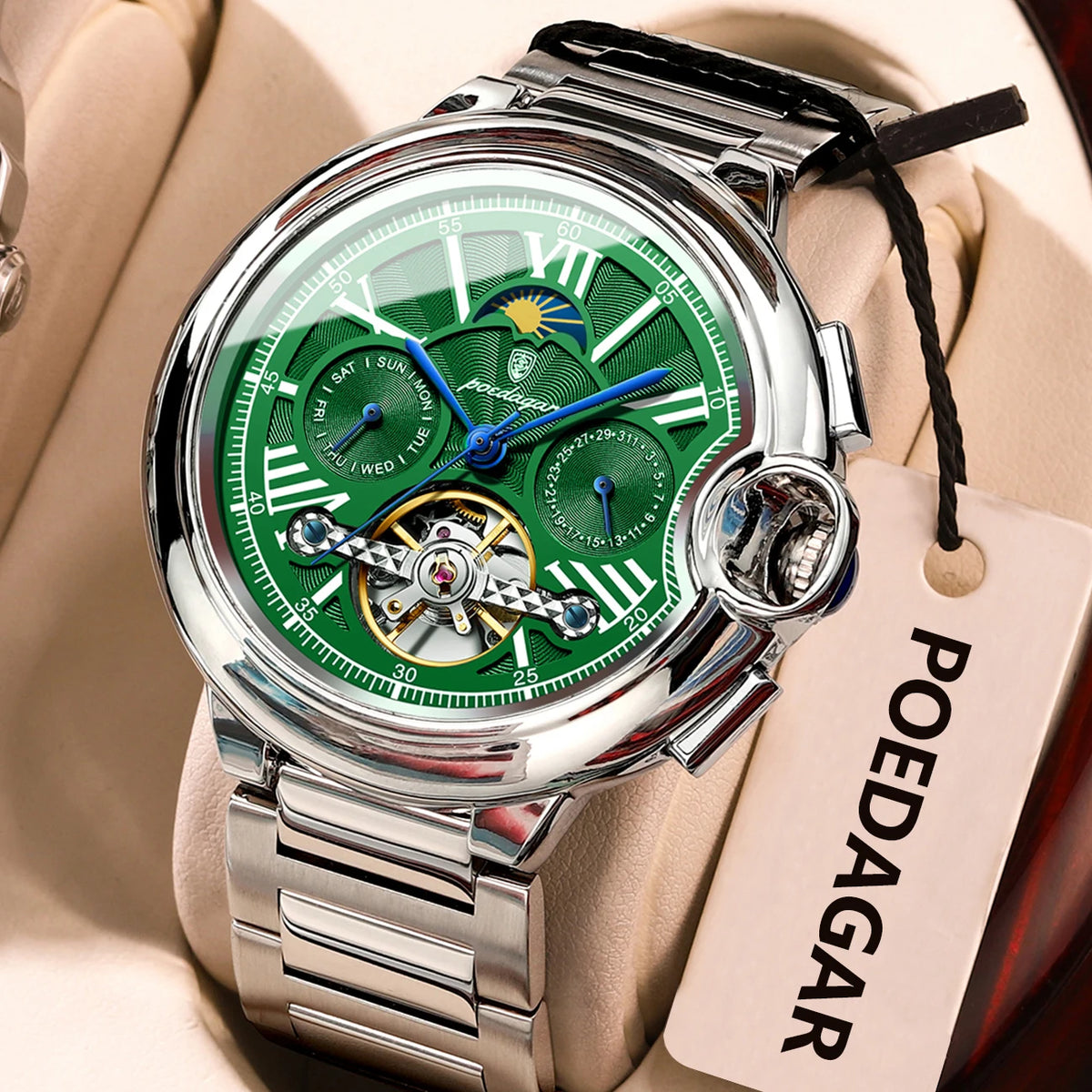 Relógio de homem POEDAGAR, estilo luxuoso e profissional, com indicação da data e do dia, turbilhão, caixa em aço inoxidável, movimento mecânico automático e resistência à água.