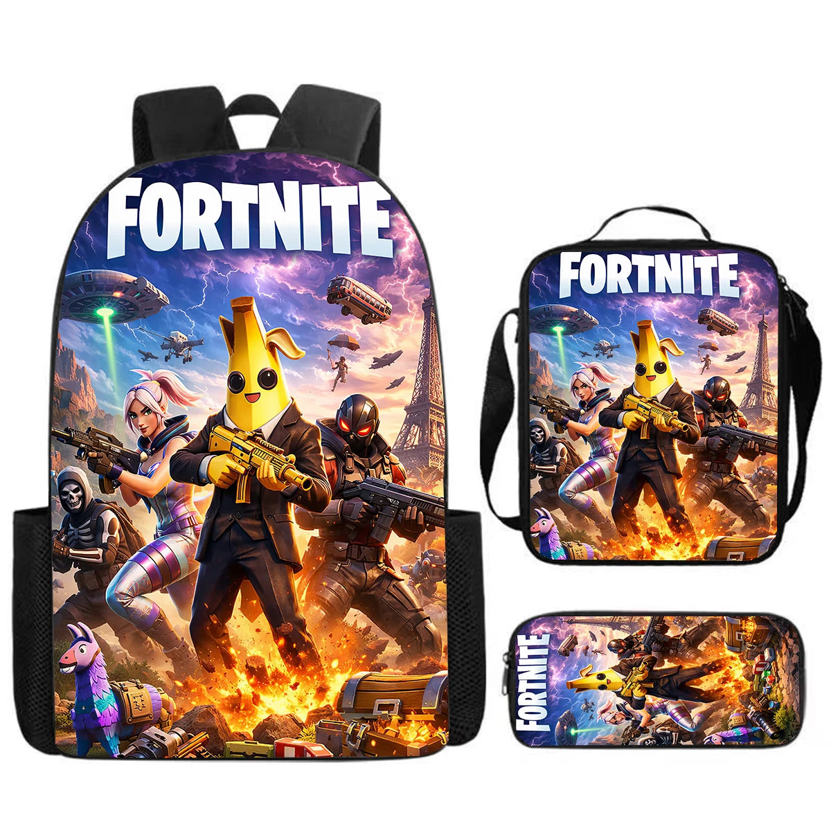 Cute Cartoon  3pcs Set School Backpack with Lunch Bag Pencil Case , Large Anime Fortnite Kids School Bags For Boys and Girls