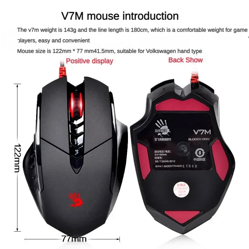 Káblová myš Bloody V7M RGB, ľahká ergonomická konštrukcia, 4000dpi, pre PC, kanceláriu, e-športy a gaming, s programovaním makier pre CF LOL CS