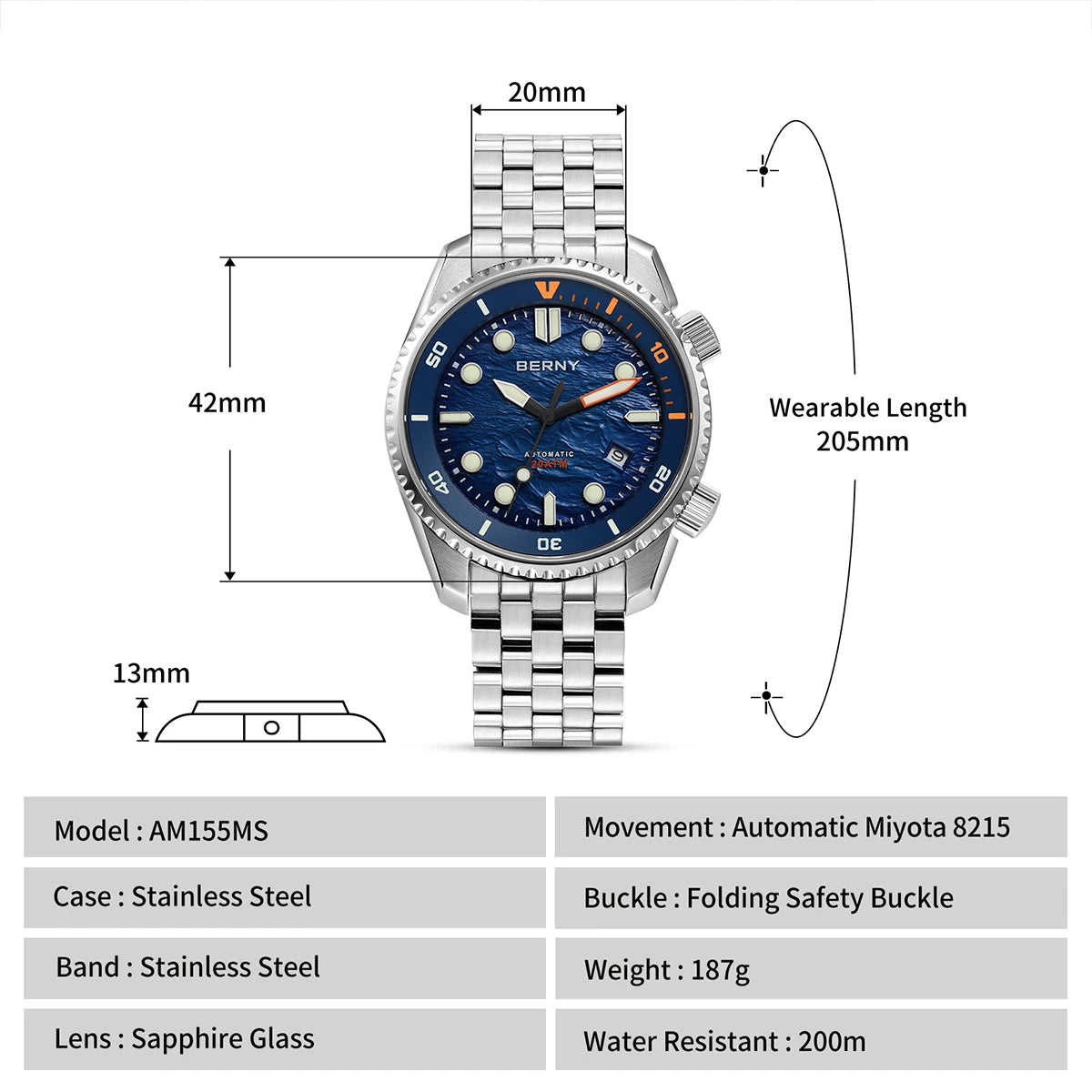 BERNY Automatic Diver Watch for Men Top Luxury Sapphire 316L Steel Blue Dial 200M Waterproof Mechanical Diving Men's Watches
