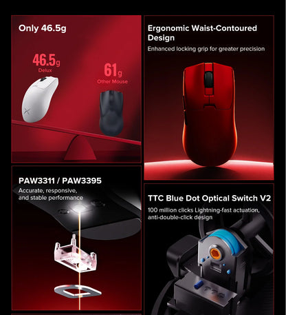 Безжична геймърска мишка Delux M800mini, ултралека 46g, PAW3395/PAW3311, 1KHz честота на опресняване, за PC геймъри с малка до средна ръка