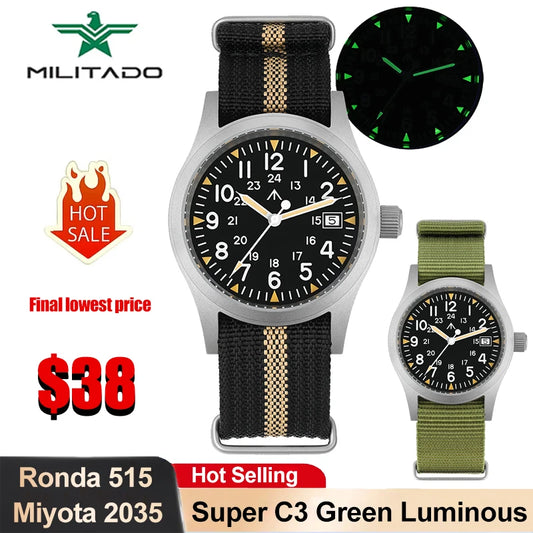Militado ML05 38mm Quartz Watch Miyota 2035/Ronda 515 Movement Watches Domed Sapphire Crystal Luminous 100m Waterproof Watches