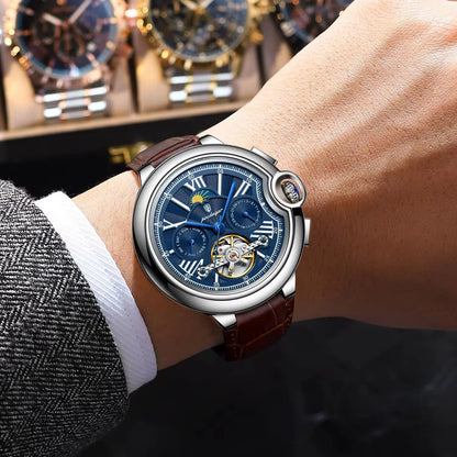 POEDAGAR luxus férfi karóra – Mechanikus automata modell dátum- és napkijelzéssel, bőr szíjjal, tourbillon-mechanizmussal, vízálló, elegáns és professzionális stílusú.