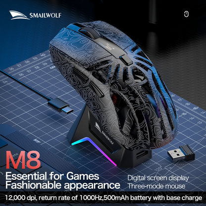SMAILWOLF M8 Wireless Bluetooth Tri-Mode Mouse Lightweight PAW3311 Gaming RGB Magnetic Charging 12000dpi Gaming Mouse