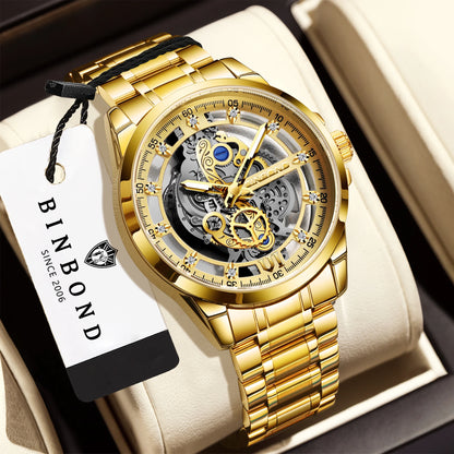 Montre-bracelet à quartz vintage ajourée BINBOND pour homme, lumineuse, étanche, précise et durable, style décontracté.