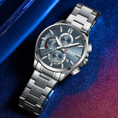 CURREN Men's Stainless Steel Chronograph Watches with Luminous Hands,Triple Sub-Dials Auto Date Fashion Design Quartz Wristwatch
