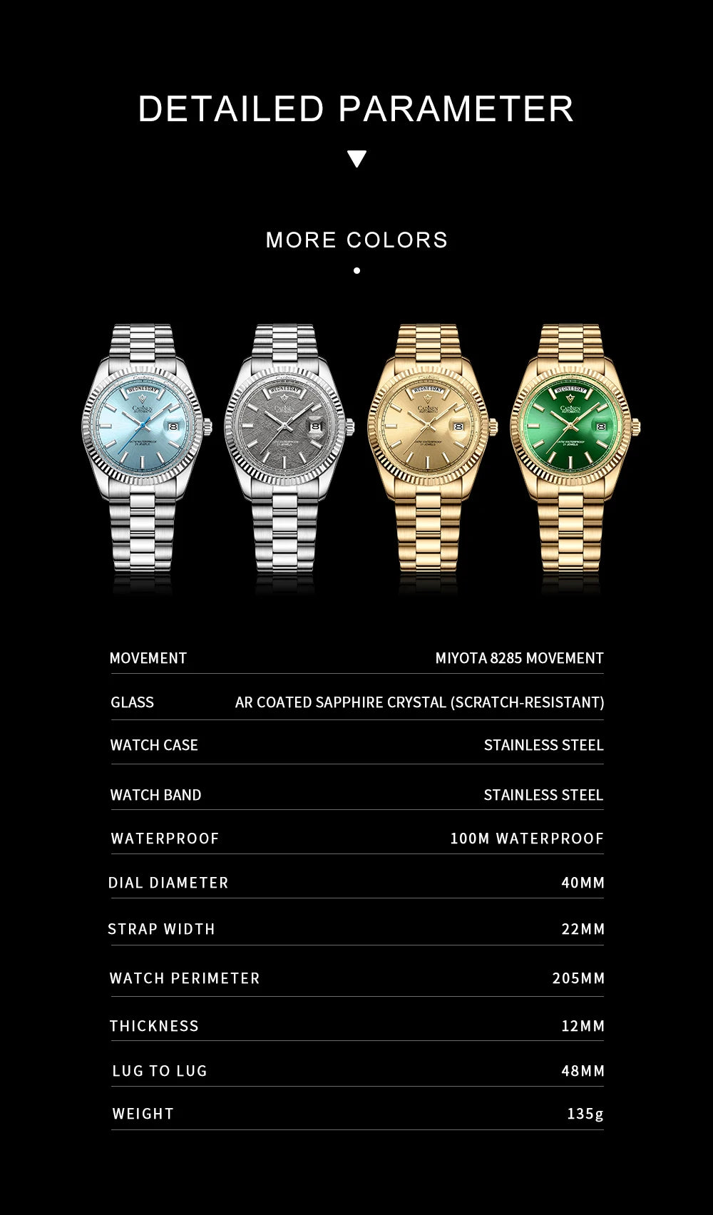 CADISEN DD40 Herrenuhr – luxuriöse Automatikuhr für Herren, AR-Saphirglas, mechanische Armbanduhr für Herren, 10Bar, MIYOTA 8285 Uhrwerk, neu 2023