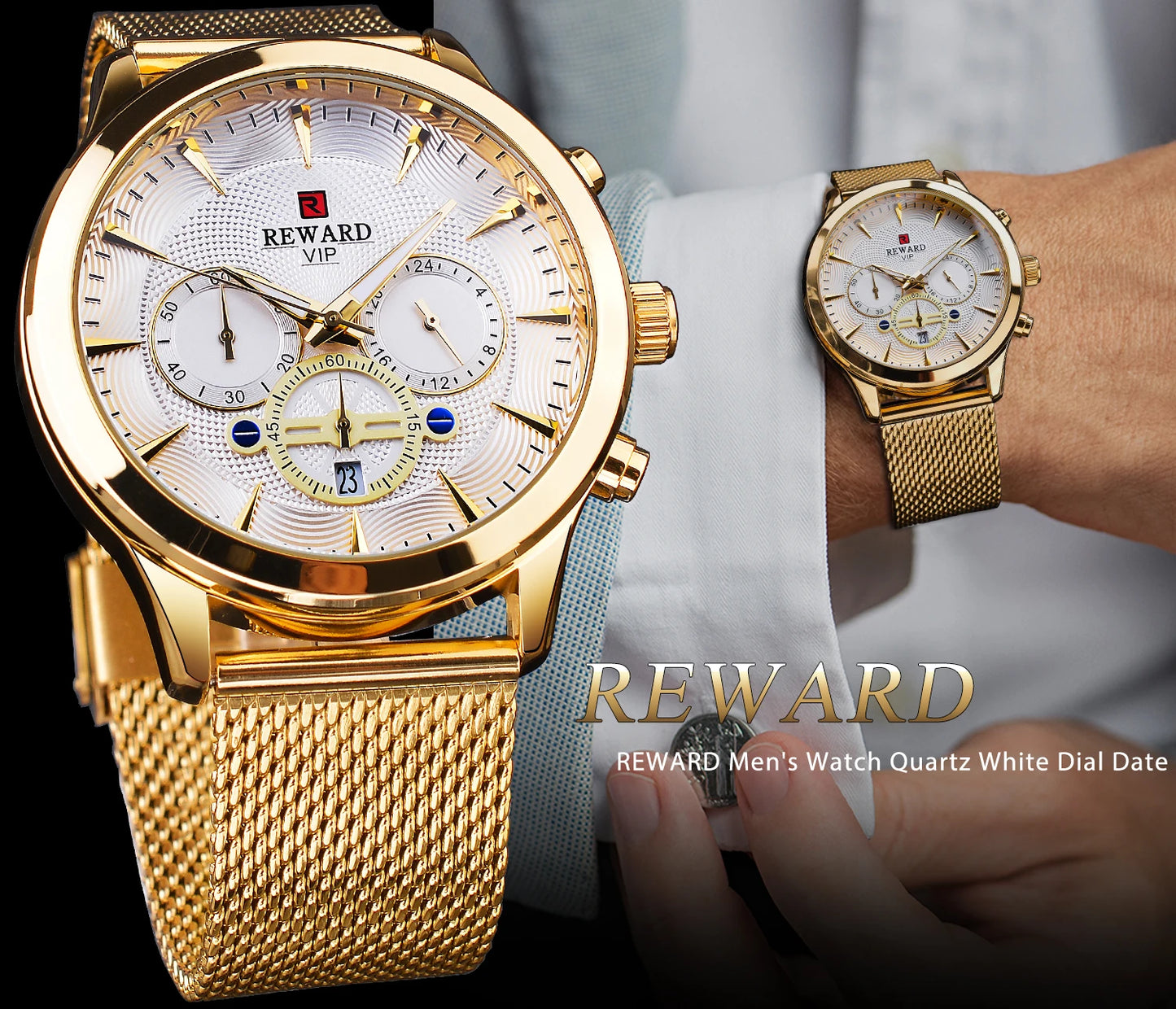 REWARD Business Watches Quartz Movement Fashion Men Gold Stainless Steel Watch Luxury Calendar Quartz Wrist Watch