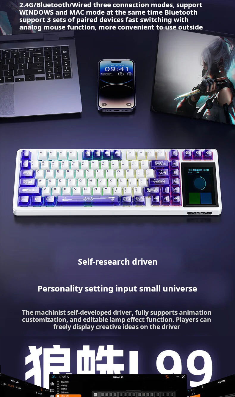 Tastiera meccanica AULA L99 con schermo intelligente, Bluetooth wireless tri-mode, per gaming notturno e laptop, 8000mAh, switch Raindrop