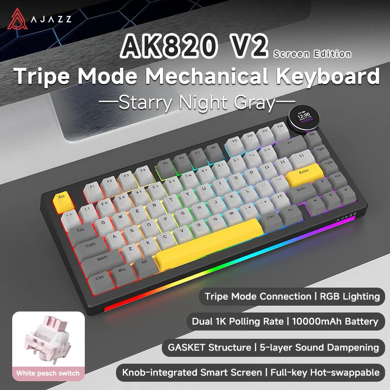 AJAZZ AK820 V2 / AK820 V2 Pro Gaming Mechanical Keyboard 75% ABS 82 Keys 10000mAh Wireless Tri-mode Gamer Keyboard for Laptop PC