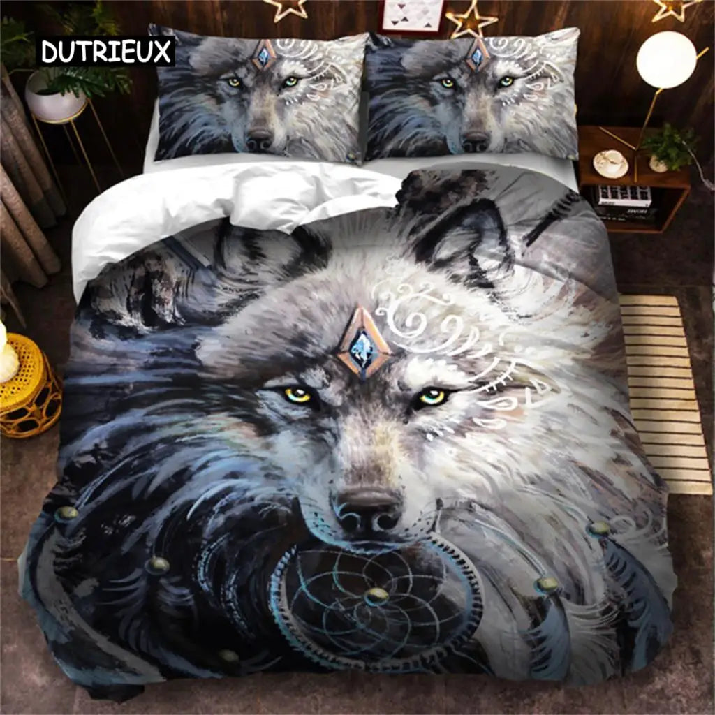 3D Wolf Beddengoedset Zwart Wit Dromenvanger Tribale Stijl Dekbedovertrek voor Tieners Volwassenen Vrouwen Mannen Slaapkamerdecoratie