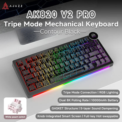 AJAZZ AK820 V2 / AK820 V2 Pro Gaming Mechanical Keyboard 75% ABS 82 Keys 10000mAh Wireless Tri-mode Gamer Keyboard for Laptop PC