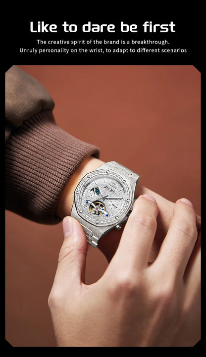 OLEVS 9805 Skeleton Automatic Man Watch Luxury Fashion Matte Texture Full Diamond Moon Phase Waterproof Mechanical Wristwatches