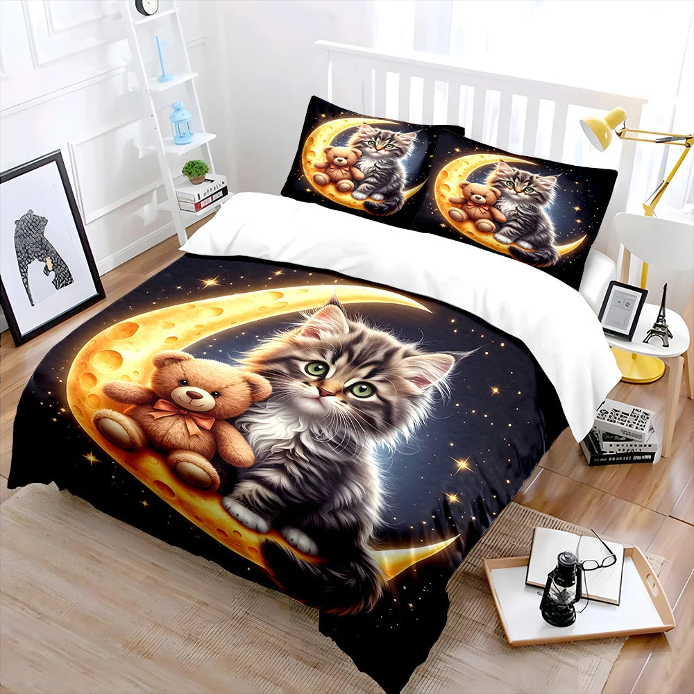 Cute Cat and Teddy on Moon Pattern Duvet Cover Set Digital Print Colorful Polyester Bedding with Zipper Closur for kids gifts
