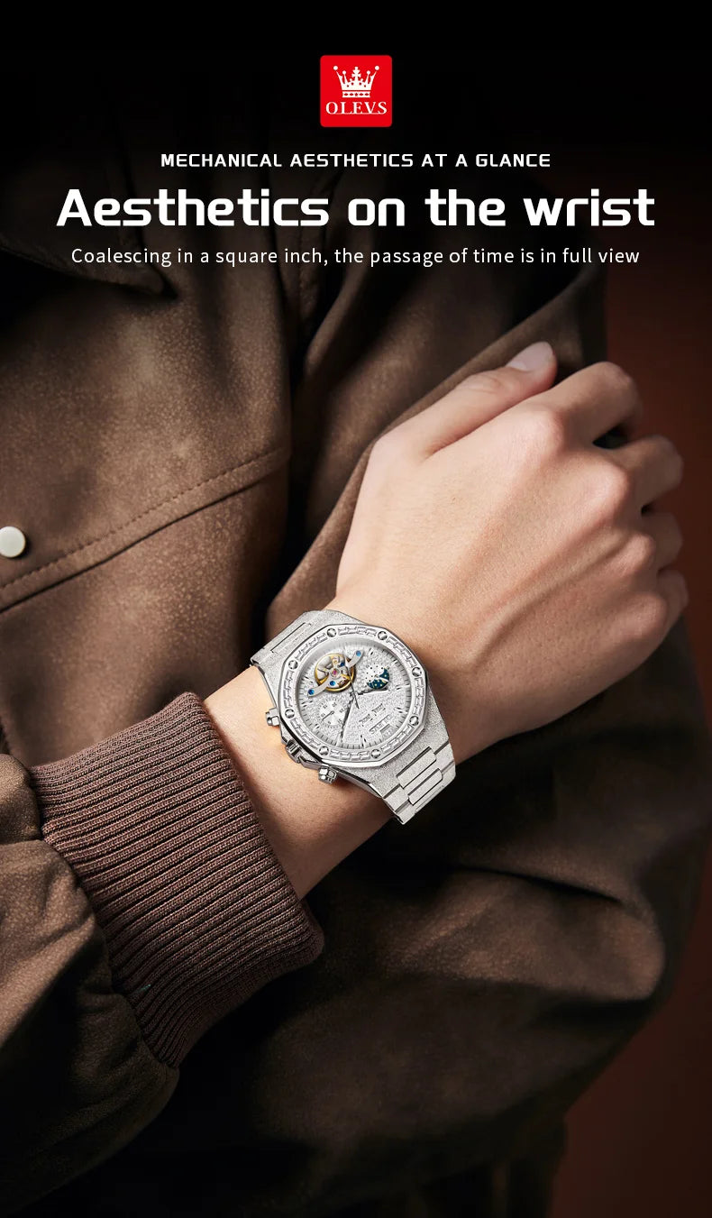 OLEVS 9805 Skeleton Automatic Man Watch Luxury Fashion Matte Texture Full Diamond Moon Phase Waterproof Mechanical Wristwatches
