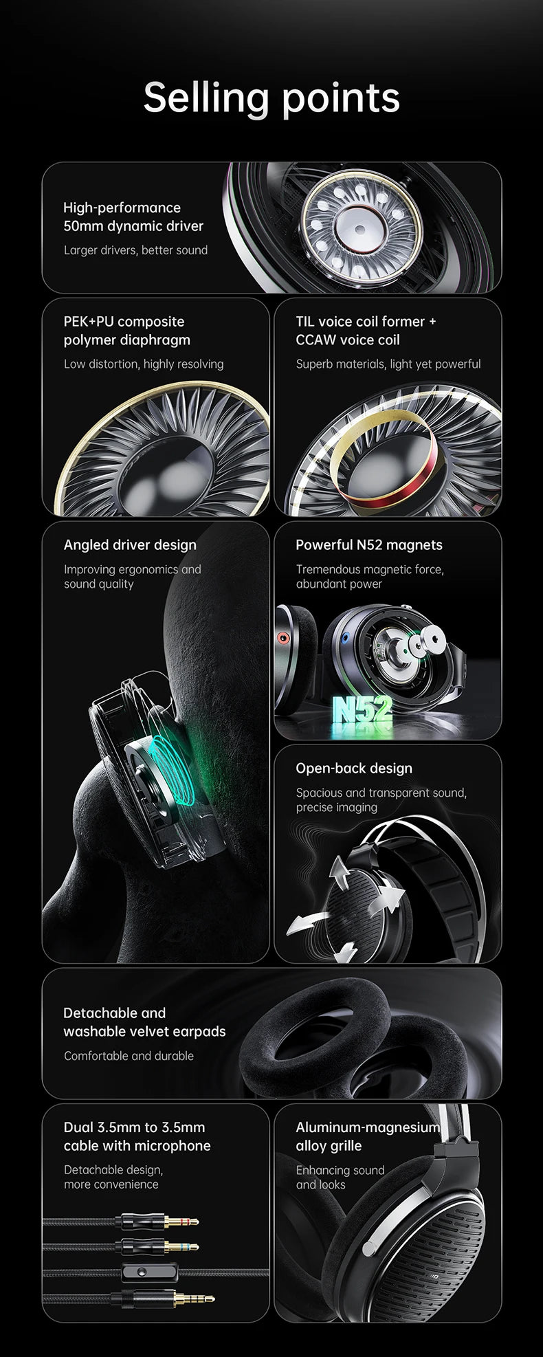 Auriculares circumaurales abiertos con cable FiiO JT3, driver dinámico de 50mm HiFi y cable desmontable