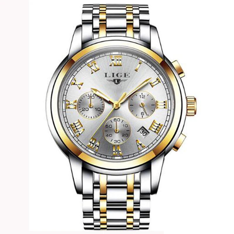Pánske hodinky LIGE – luxusný chronograf, ležérny športový štýl, vodotesné, celokovové, quartzový strojček