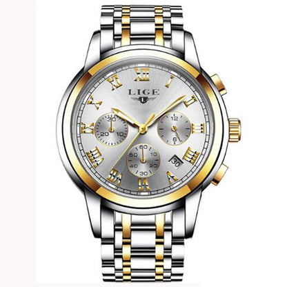 Pánske hodinky LIGE – luxusný chronograf, ležérny športový štýl, vodotesné, celokovové, quartzový strojček