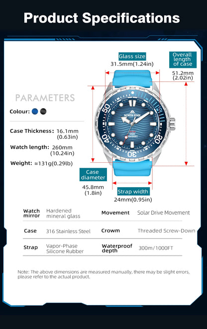 2025 New  NORTH EDGE TRITON Solar Powered Dive Watch Men Luxury Quartz Watches For Men 316L Stainless Steel Case Waterproof 300M