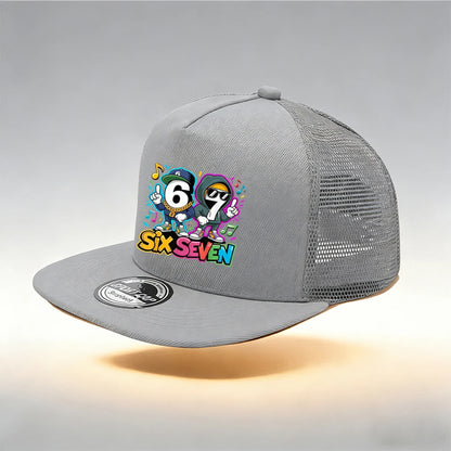 1/2PC Y2KSixSeven flat top truck driver hat, hip-hop cartoon print, breathable mesh, streetwear aesthetic hat